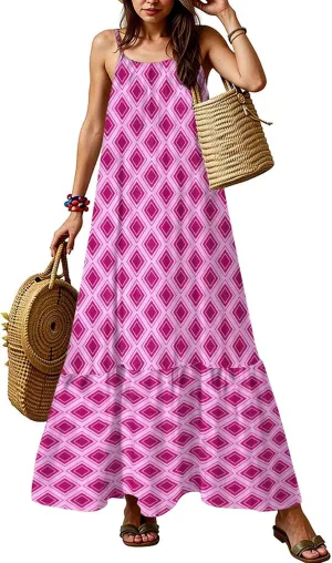 Boho Sun Dresses for Women 2025 Vacation Casual Summer Spaghetti Strap Maxi Dress Beach Bohemian Long Flowy Dress