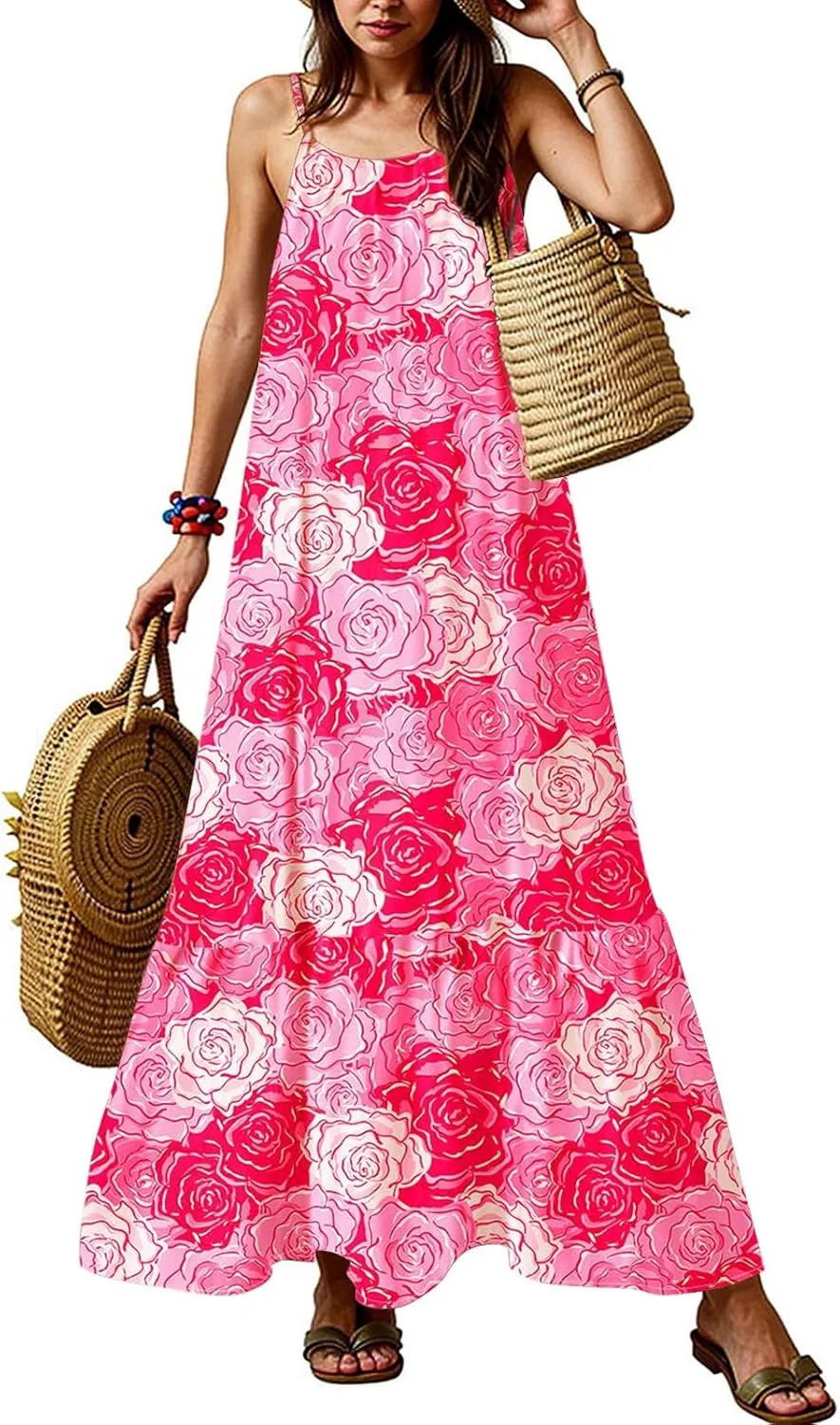 Boho Sun Dresses for Women 2025 Vacation Casual Summer Spaghetti Strap Maxi Dress Beach Bohemian Long Flowy Dress