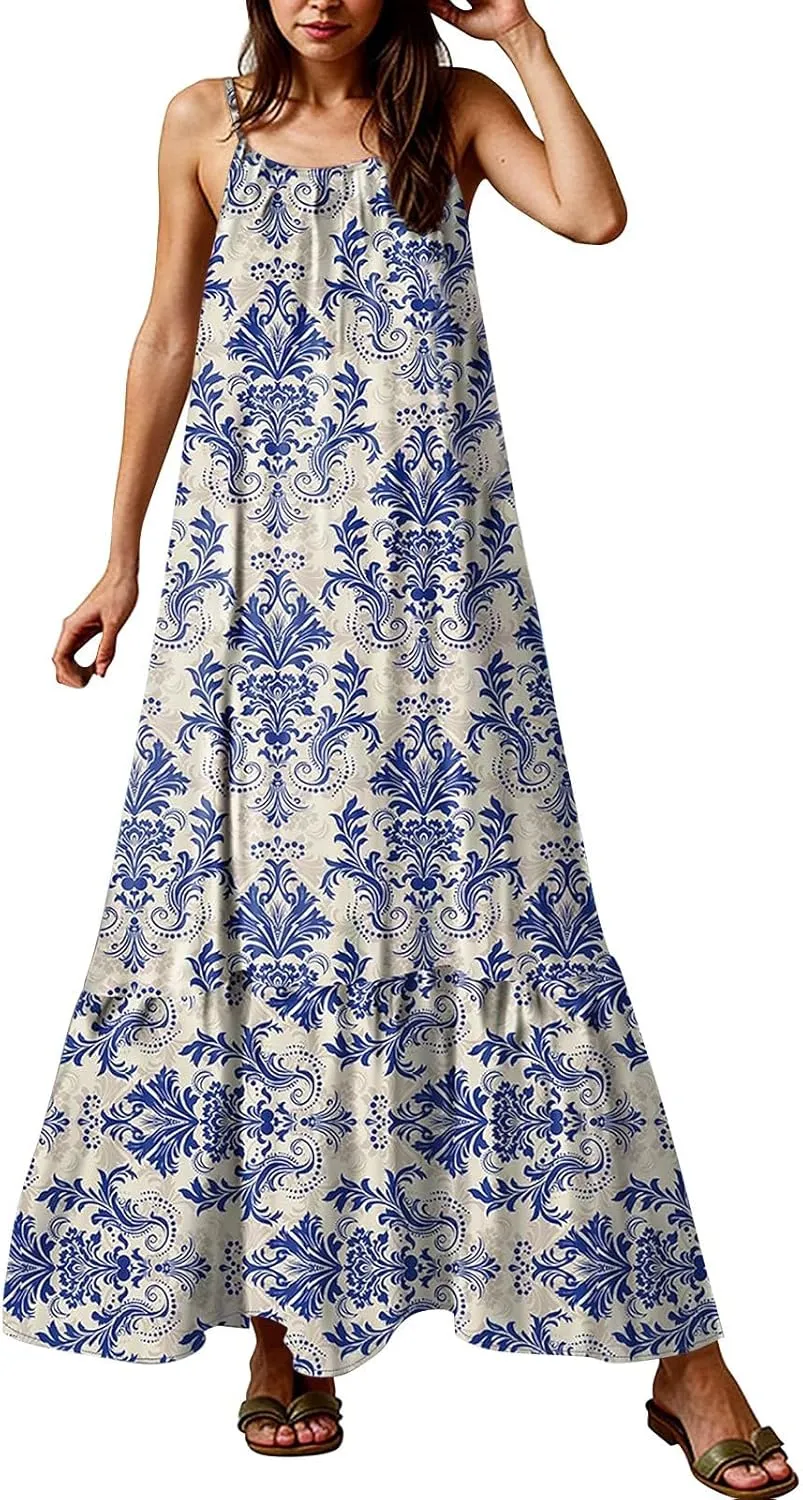 Boho Sun Dresses for Women 2025 Vacation Casual Summer Spaghetti Strap Maxi Dress Beach Bohemian Long Flowy Dress