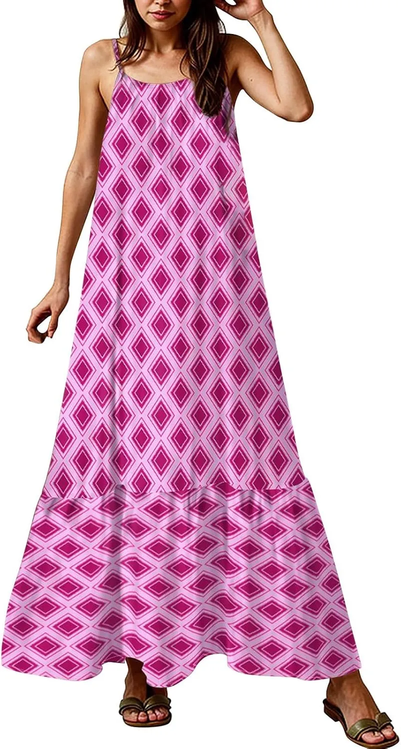 Boho Sun Dresses for Women 2025 Vacation Casual Summer Spaghetti Strap Maxi Dress Beach Bohemian Long Flowy Dress