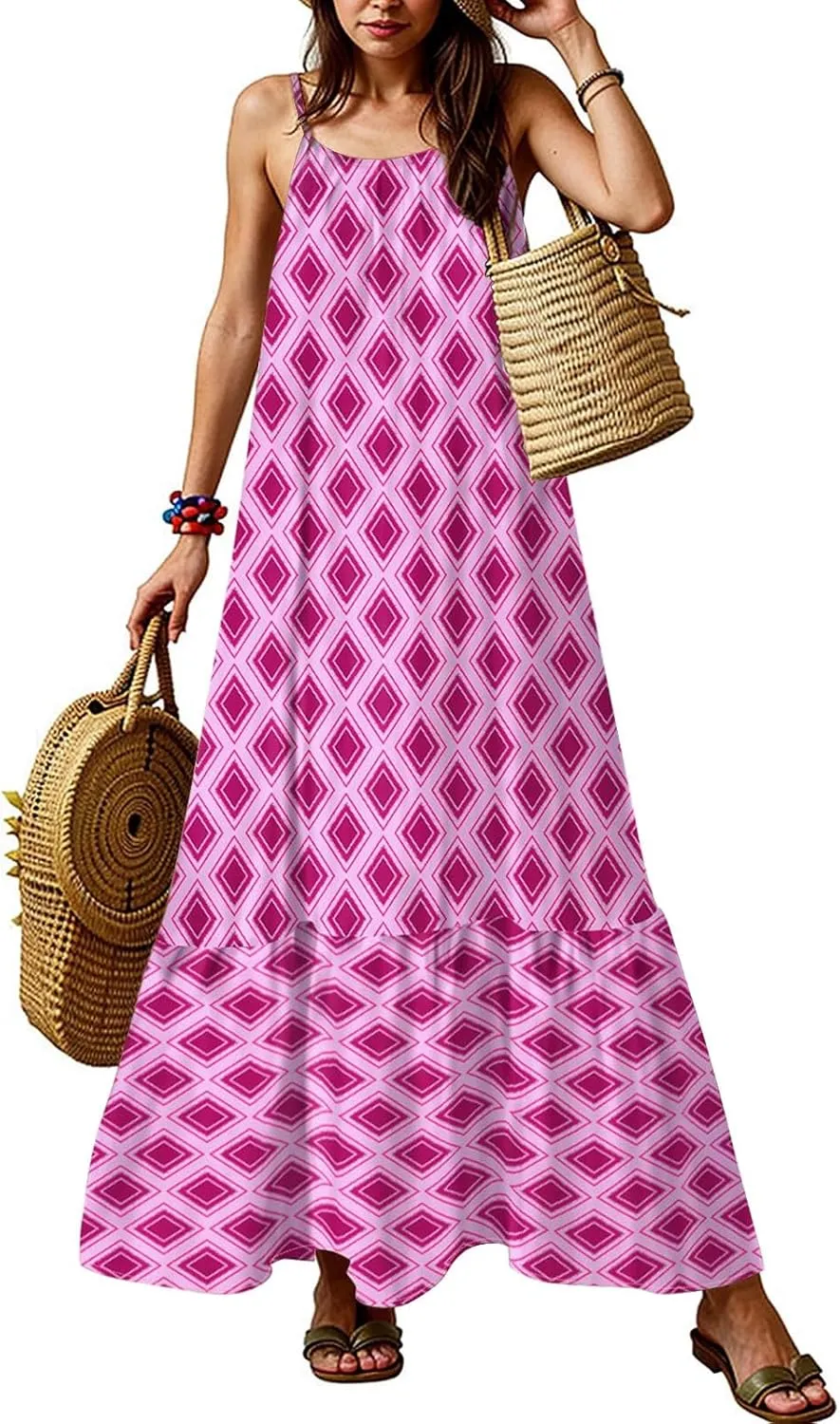 Boho Sun Dresses for Women 2025 Vacation Casual Summer Spaghetti Strap Maxi Dress Beach Bohemian Long Flowy Dress