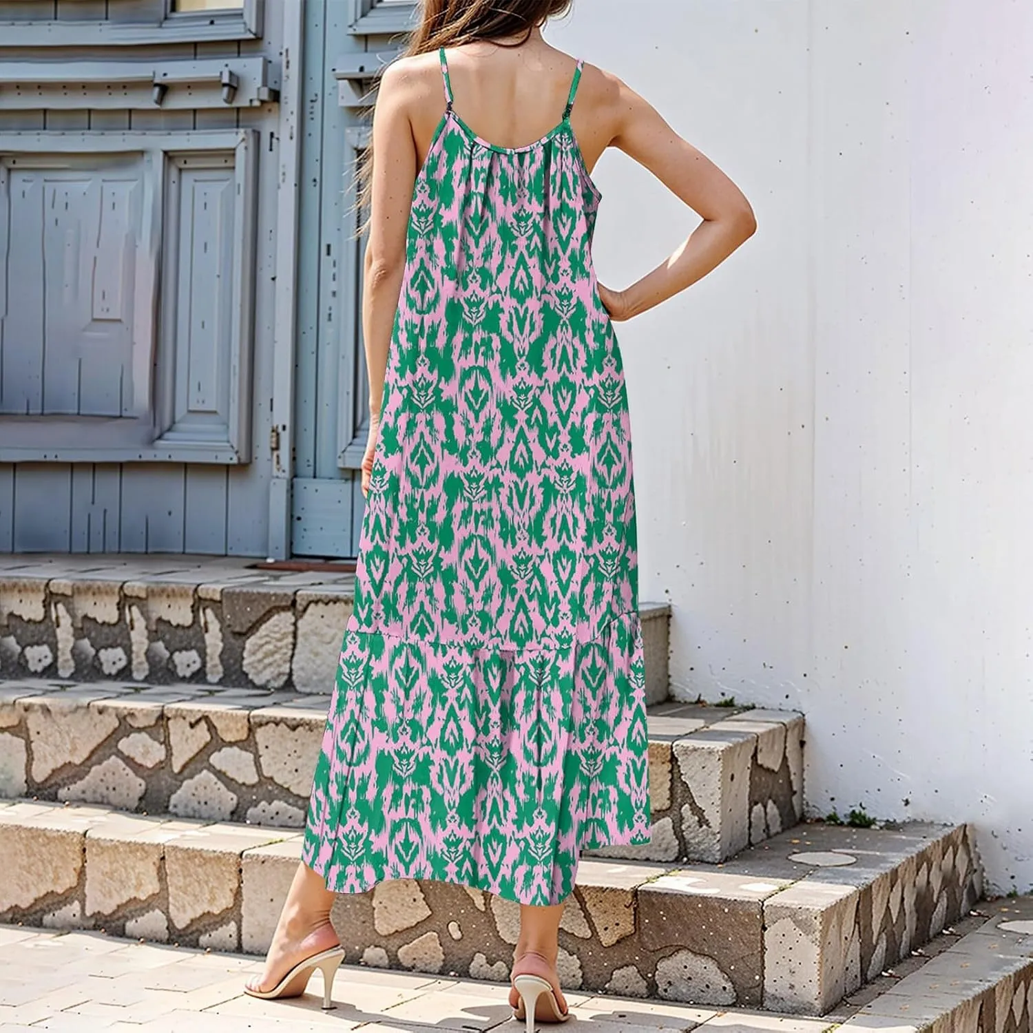 Boho Sun Dresses for Women 2025 Vacation Casual Summer Spaghetti Strap Maxi Dress Beach Bohemian Long Flowy Dress