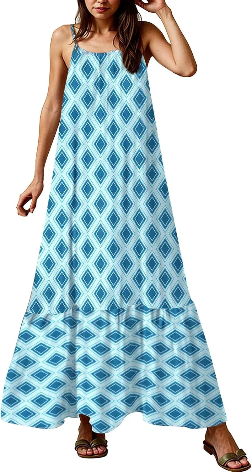 Boho Sun Dresses for Women 2025 Vacation Casual Summer Spaghetti Strap Maxi Dress Beach Bohemian Long Flowy Dress