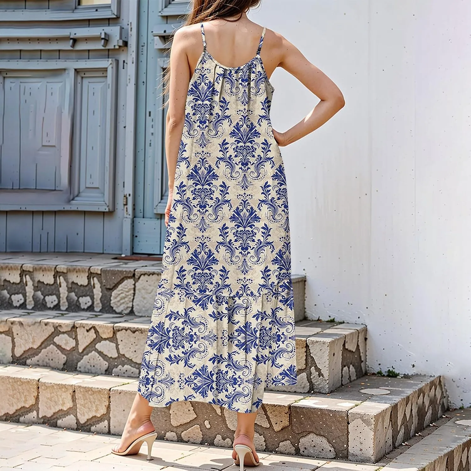 Boho Sun Dresses for Women 2025 Vacation Casual Summer Spaghetti Strap Maxi Dress Beach Bohemian Long Flowy Dress