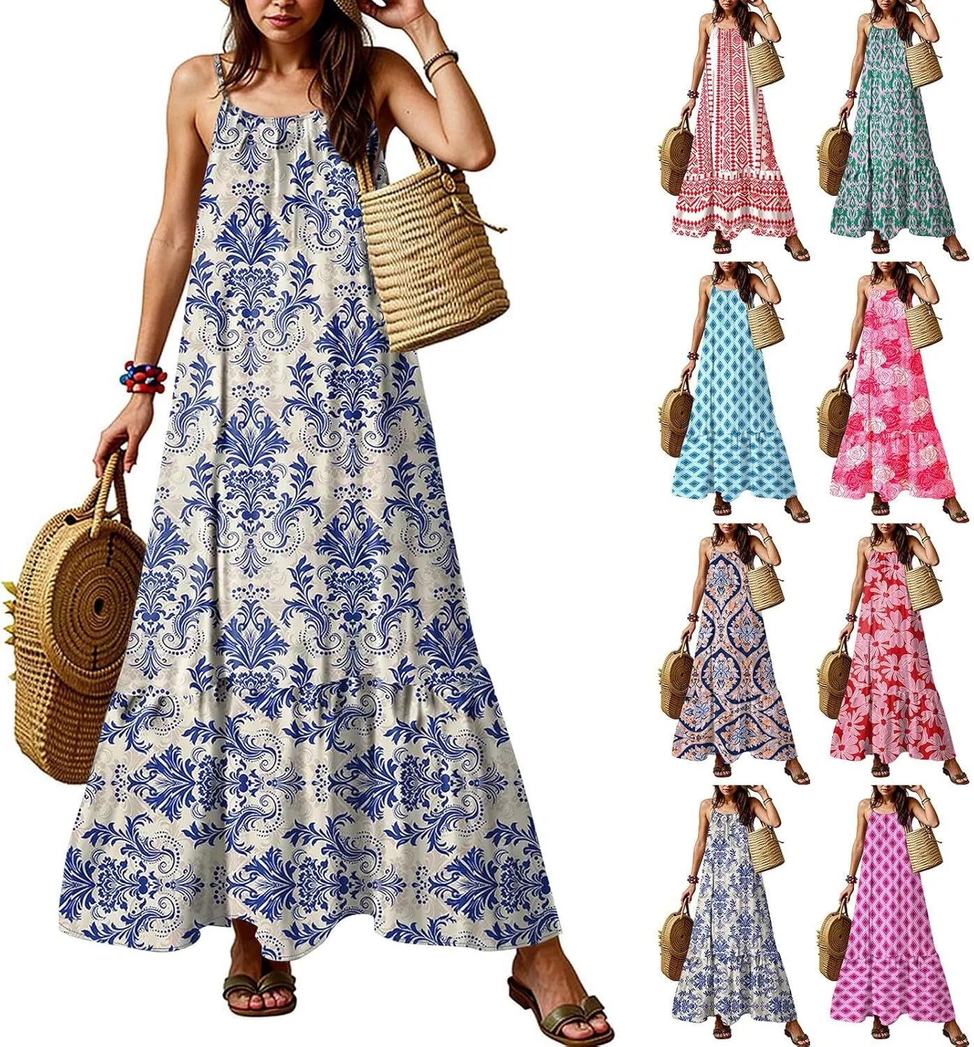 Boho Sun Dresses for Women 2025 Vacation Casual Summer Spaghetti Strap Maxi Dress Beach Bohemian Long Flowy Dress