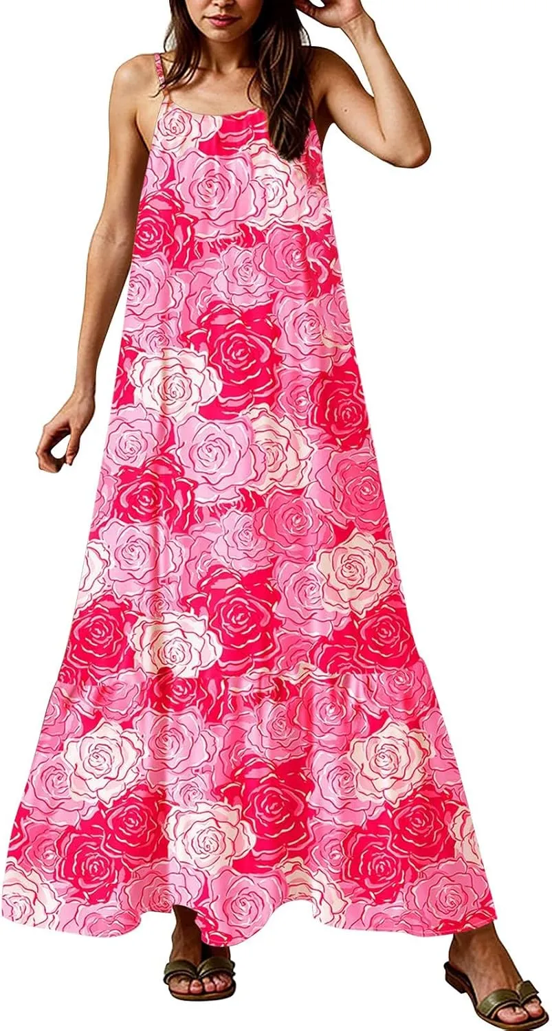 Boho Sun Dresses for Women 2025 Vacation Casual Summer Spaghetti Strap Maxi Dress Beach Bohemian Long Flowy Dress