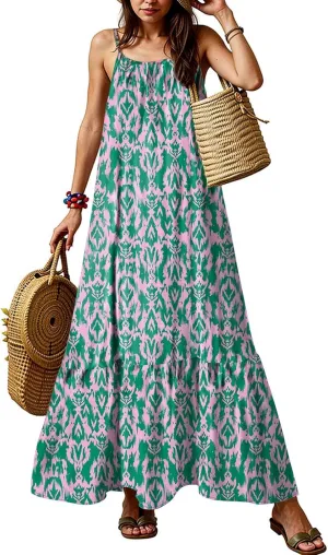 Boho Sun Dresses for Women 2025 Vacation Casual Summer Spaghetti Strap Maxi Dress Beach Bohemian Long Flowy Dress