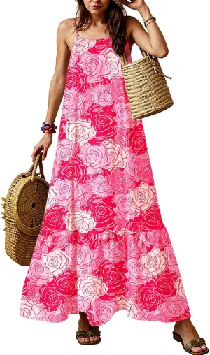 Boho Sun Dresses for Women 2025 Vacation Casual Summer Spaghetti Strap Maxi Dress Beach Bohemian Long Flowy Dress