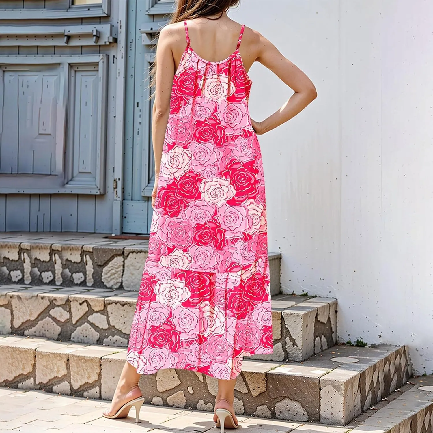 Boho Sun Dresses for Women 2025 Vacation Casual Summer Spaghetti Strap Maxi Dress Beach Bohemian Long Flowy Dress