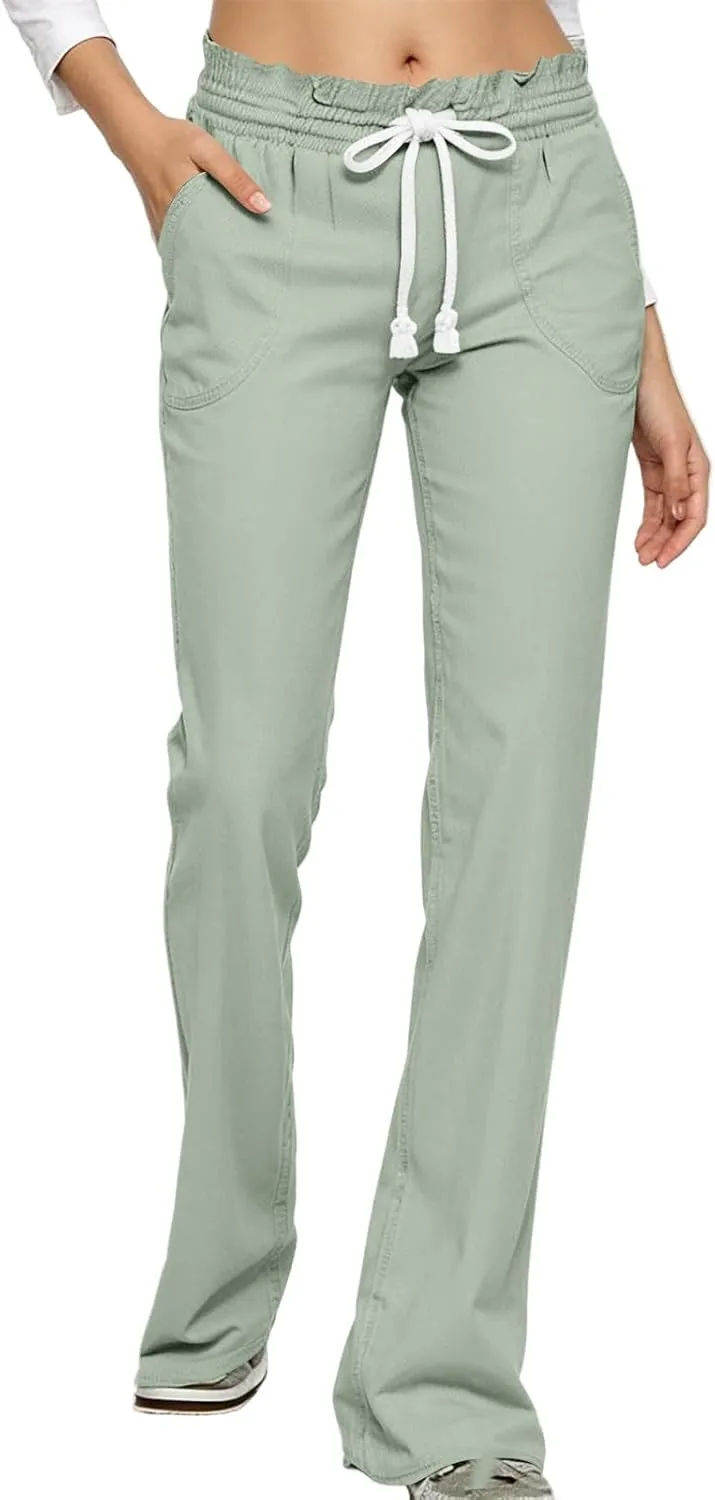 Bootcut Linen Pants Women Elastic Drawstring Low Waisted Lounge Pants with Pockets Casual Relaxed Fit Vacation Trousers