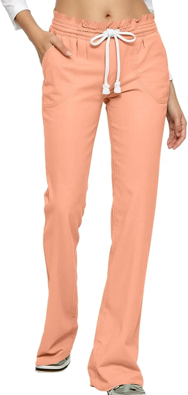 Bootcut Linen Pants Women Elastic Drawstring Low Waisted Lounge Pants with Pockets Casual Relaxed Fit Vacation Trousers