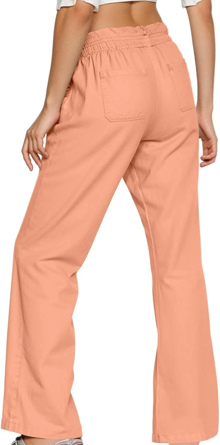 Bootcut Linen Pants Women Elastic Drawstring Low Waisted Lounge Pants with Pockets Casual Relaxed Fit Vacation Trousers