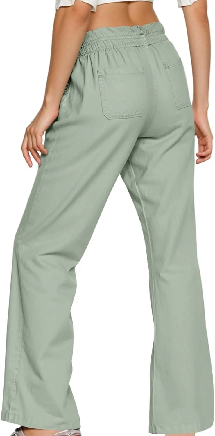 Bootcut Linen Pants Women Elastic Drawstring Low Waisted Lounge Pants with Pockets Casual Relaxed Fit Vacation Trousers