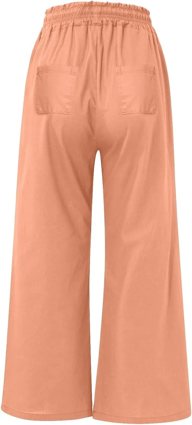 Bootcut Linen Pants Women Elastic Drawstring Low Waisted Lounge Pants with Pockets Casual Relaxed Fit Vacation Trousers