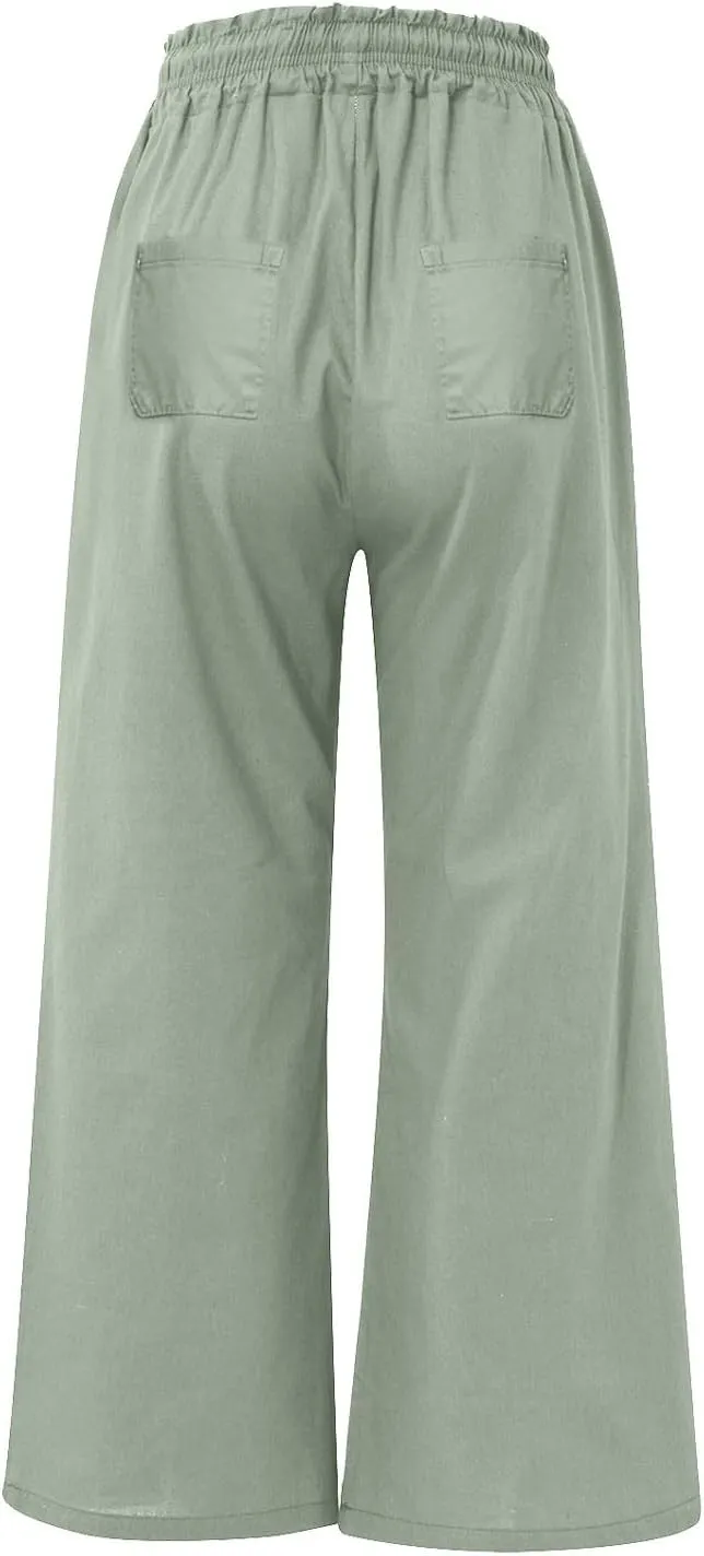 Bootcut Linen Pants Women Elastic Drawstring Low Waisted Lounge Pants with Pockets Casual Relaxed Fit Vacation Trousers