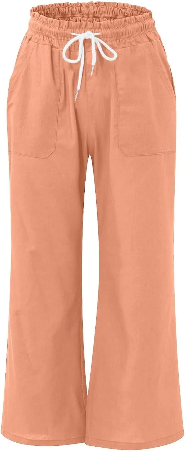 Bootcut Linen Pants Women Elastic Drawstring Low Waisted Lounge Pants with Pockets Casual Relaxed Fit Vacation Trousers