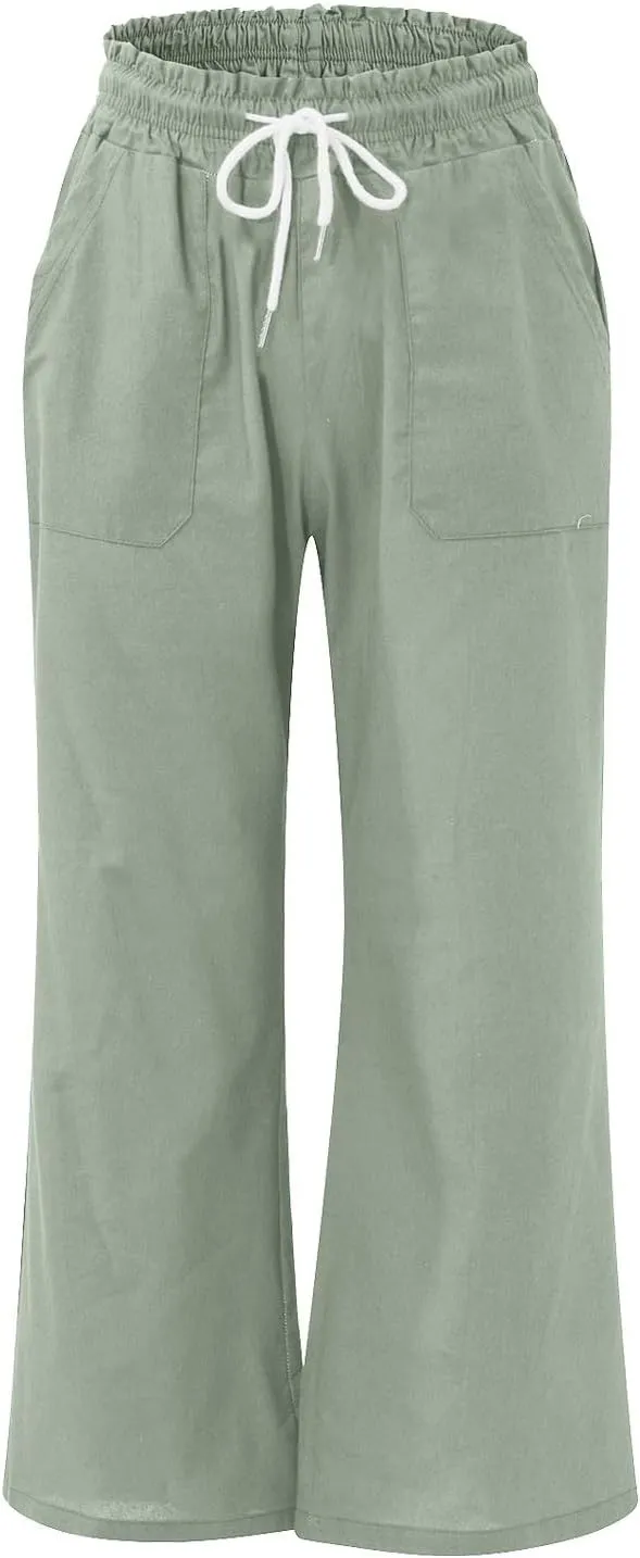 Bootcut Linen Pants Women Elastic Drawstring Low Waisted Lounge Pants with Pockets Casual Relaxed Fit Vacation Trousers