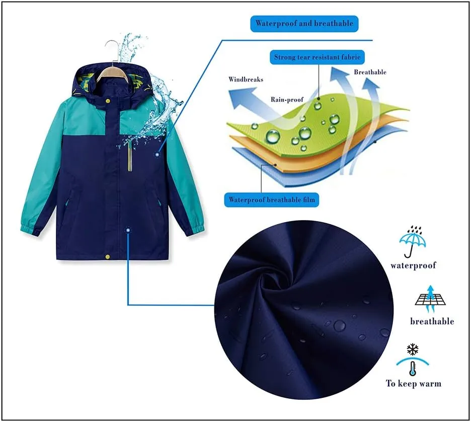 Boys Rain Jacket Waterproof Hooded Jacket Lightweight Rain Coats For Kids Outdoor Windbreakers Coat