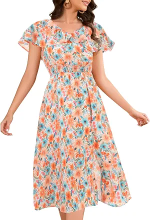 Bridesmay Womens Summer Floral Midi Dresses Ruffle Sleeve Beach Wedding Guest Dress V Neck Swing Flowy Dresses