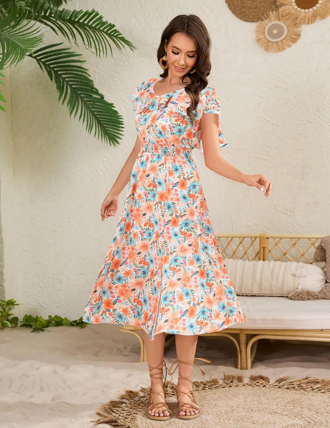 Bridesmay Womens Summer Floral Midi Dresses Ruffle Sleeve Beach Wedding Guest Dress V Neck Swing Flowy Dresses