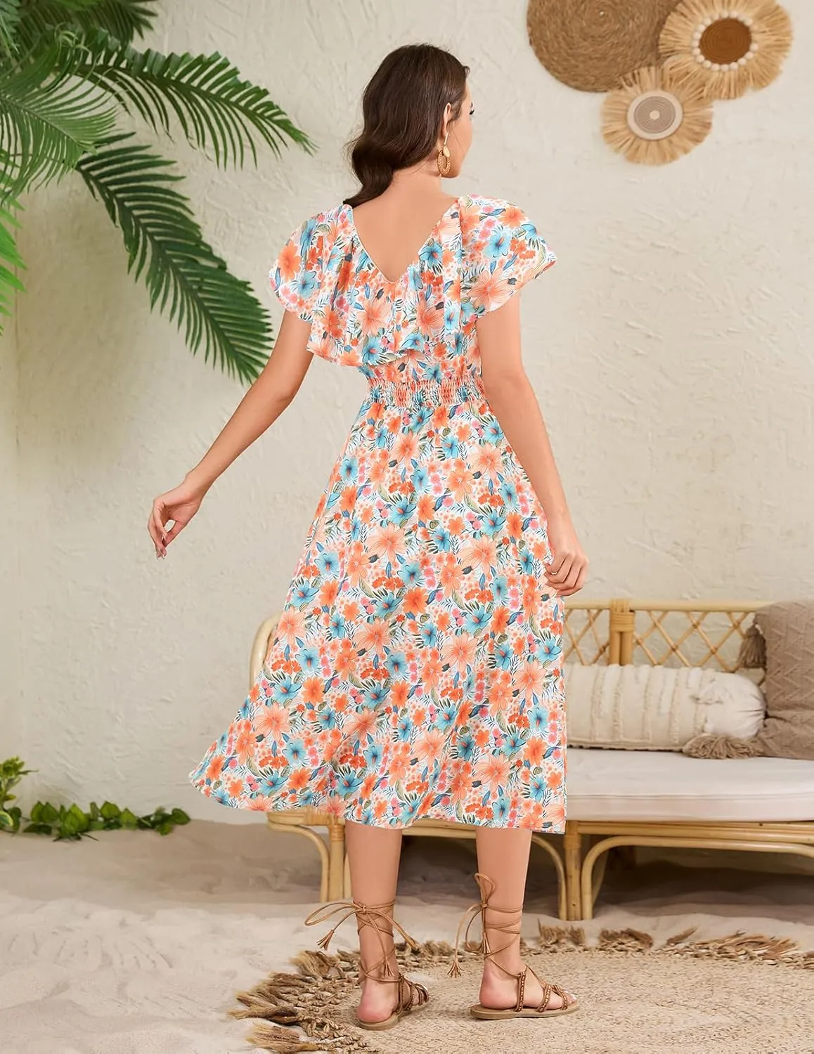Bridesmay Womens Summer Floral Midi Dresses Ruffle Sleeve Beach Wedding Guest Dress V Neck Swing Flowy Dresses