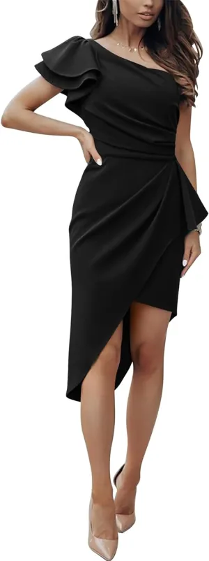 BTFBM Women 2025 Summer Fashion Elegant One Shoulder Cocktail Dress Ruffle Sleeve Wrap Ruched Bodycon Short Party Dresses