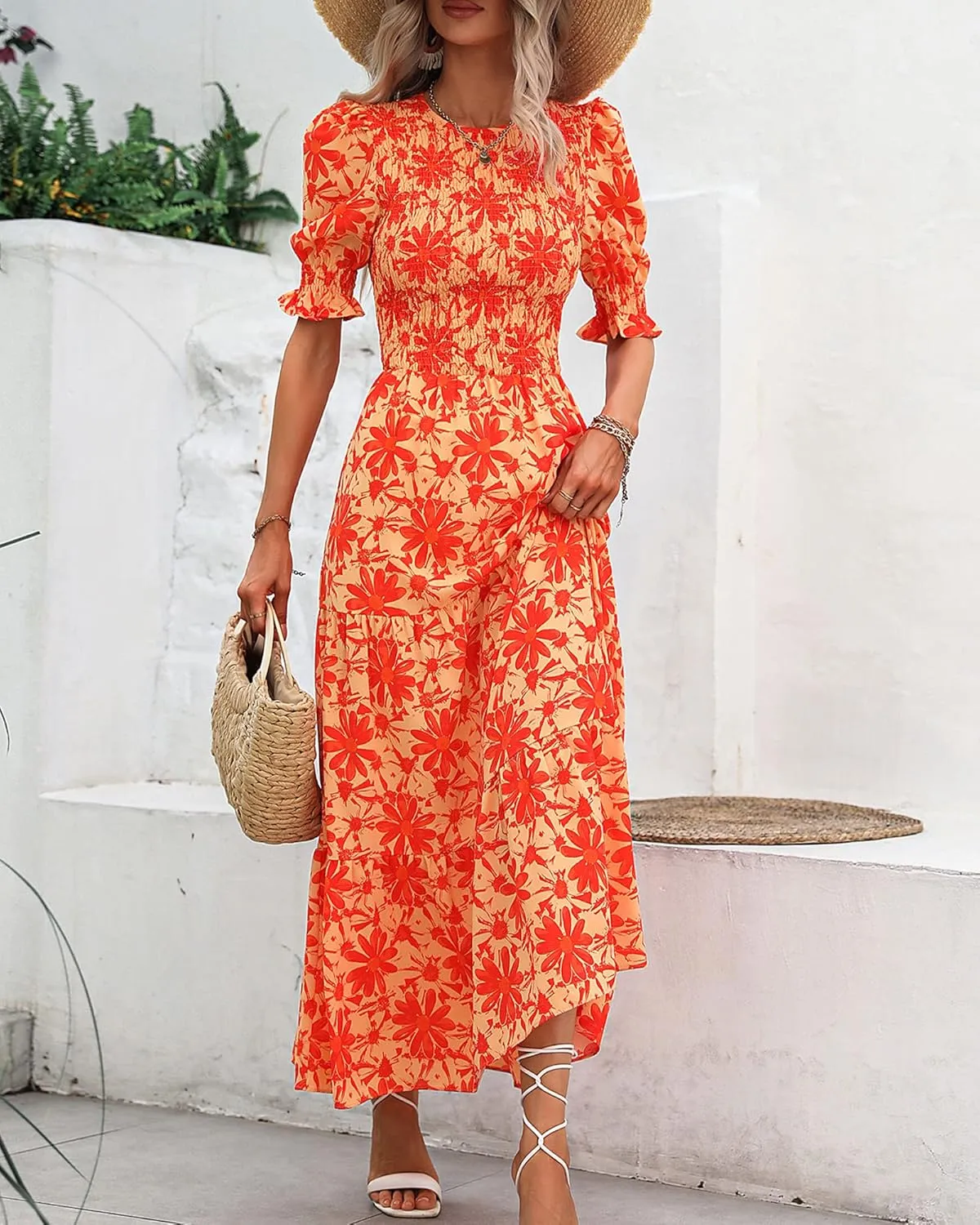 BTFBM Women Casual Summer Dresses 2025 Spring Crew Neck Ruffle Short Sleeve Floral Print Smocked Boho Flowy Maxi Dress