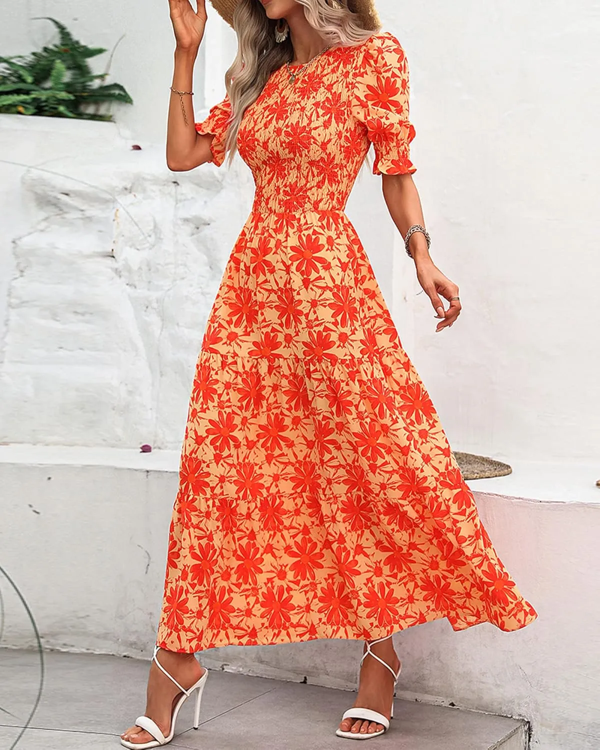 BTFBM Women Casual Summer Dresses 2025 Spring Crew Neck Ruffle Short Sleeve Floral Print Smocked Boho Flowy Maxi Dress