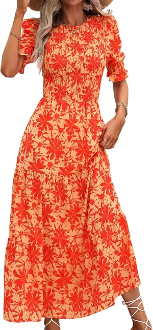 BTFBM Women Casual Summer Dresses 2025 Spring Crew Neck Ruffle Short Sleeve Floral Print Smocked Boho Flowy Maxi Dress