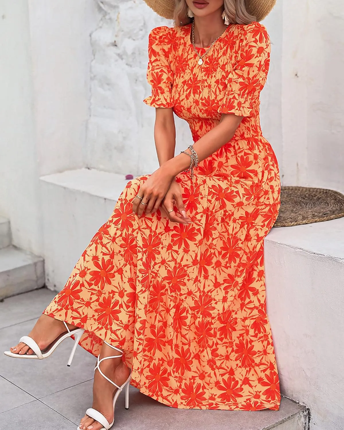 BTFBM Women Casual Summer Dresses 2025 Spring Crew Neck Ruffle Short Sleeve Floral Print Smocked Boho Flowy Maxi Dress
