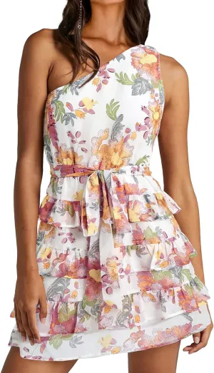 BTFBM Women One Shoulder Summer Dresses 2025 Floral Sundress High Waist Flowy A Line Mini Beach Wedding Guest Dress