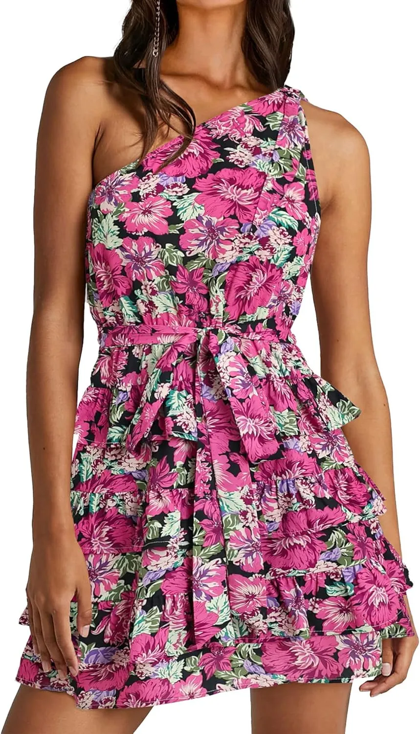BTFBM Women One Shoulder Summer Dresses 2025 Floral Sundress High Waist Flowy A Line Mini Beach Wedding Guest Dress