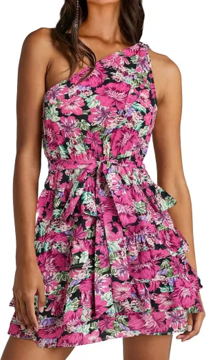 BTFBM Women One Shoulder Summer Dresses 2025 Floral Sundress High Waist Flowy A Line Mini Beach Wedding Guest Dress