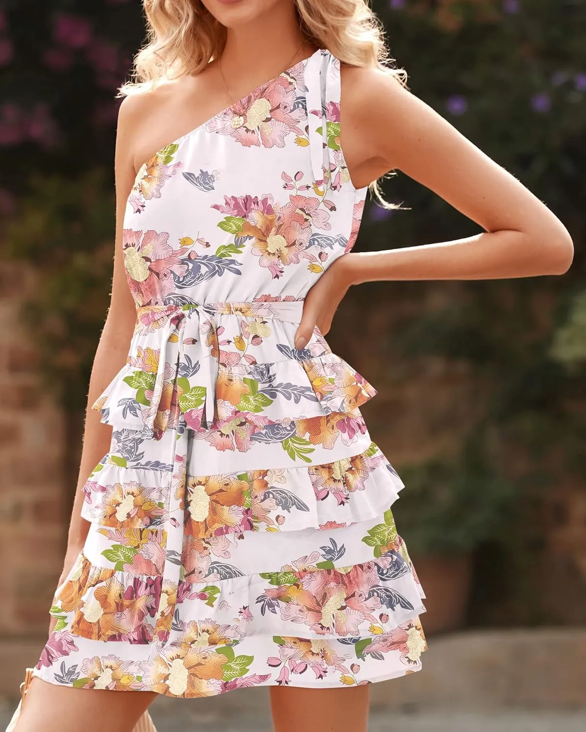 BTFBM Women One Shoulder Summer Dresses 2025 Floral Sundress High Waist Flowy A Line Mini Beach Wedding Guest Dress