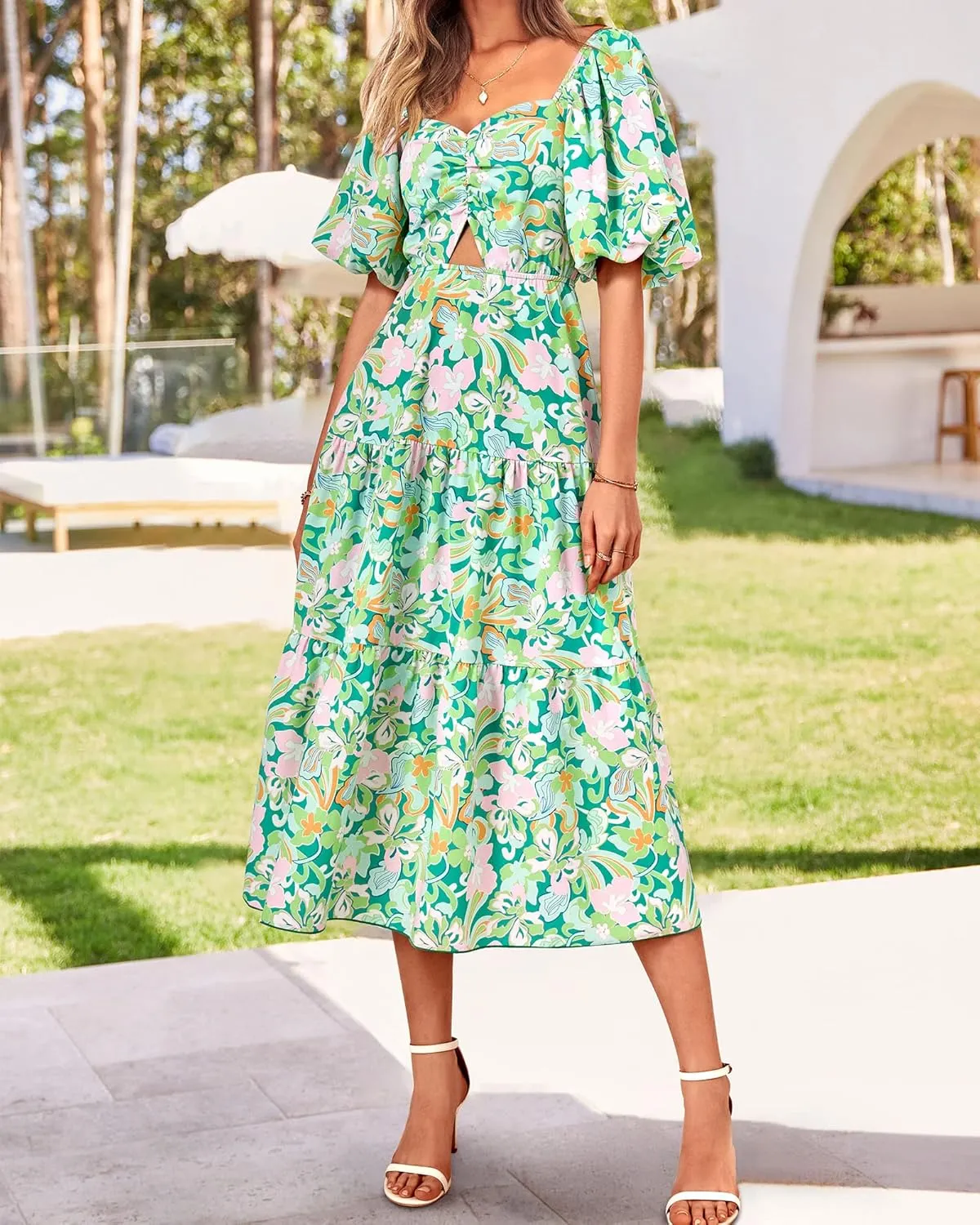 BTFBM Women Summer Dresses 2025 Casual Flowy Beach Square Neck Puff Short Sleeve Smocked Back Boho Floral Long Maxi Dress