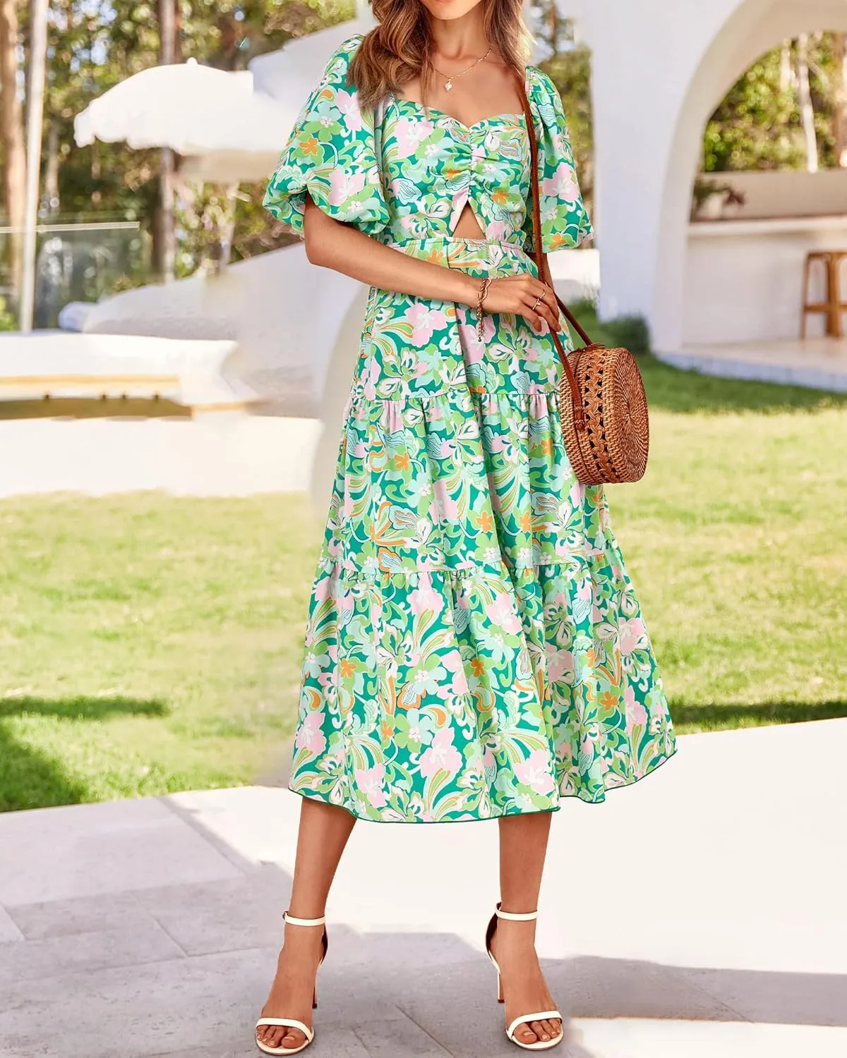 BTFBM Women Summer Dresses 2025 Casual Flowy Beach Square Neck Puff Short Sleeve Smocked Back Boho Floral Long Maxi Dress