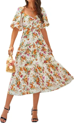 BTFBM Women Summer Dresses 2025 Casual Flowy Beach Square Neck Puff Short Sleeve Smocked Back Boho Floral Long Maxi Dress