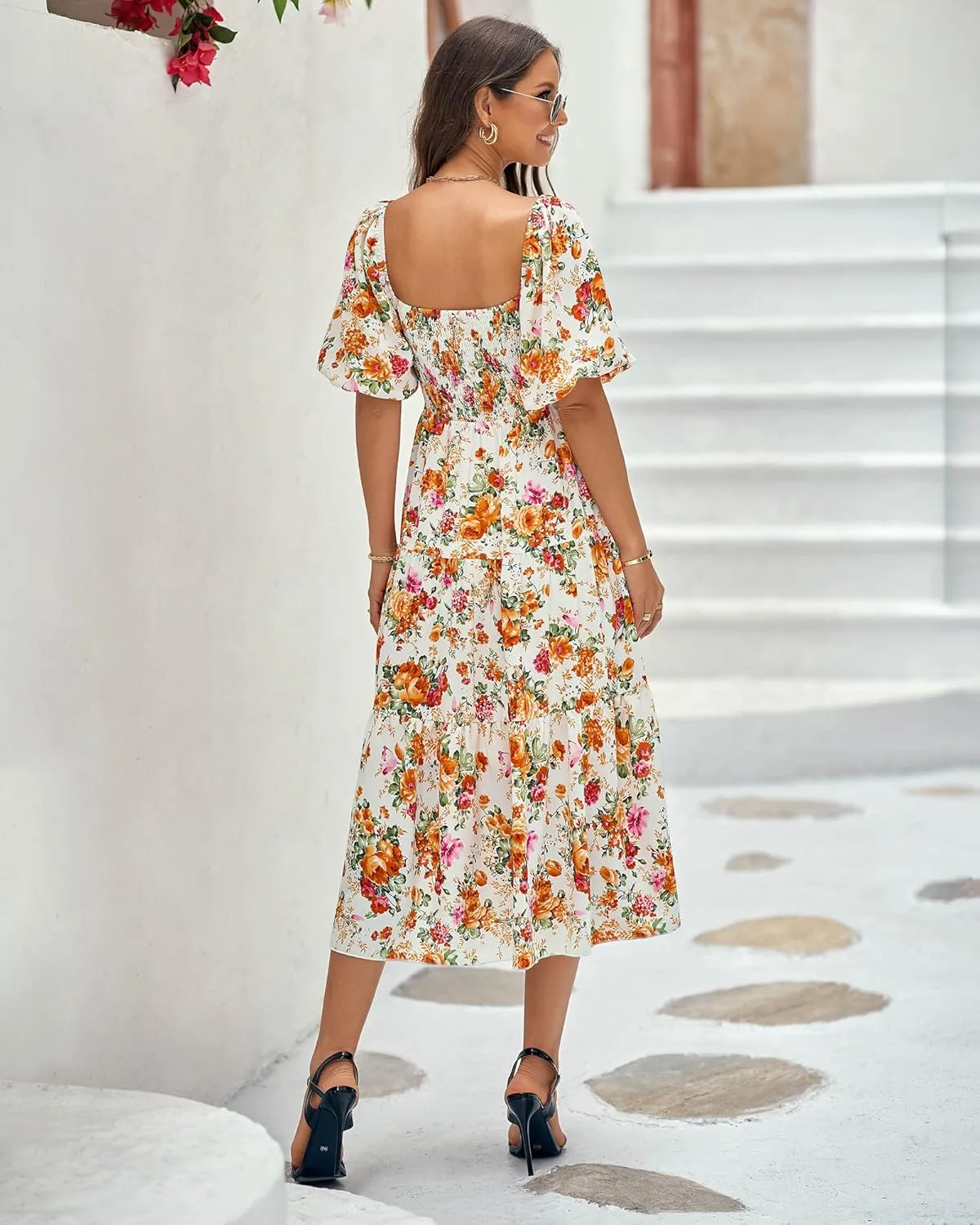 BTFBM Women Summer Dresses 2025 Casual Flowy Beach Square Neck Puff Short Sleeve Smocked Back Boho Floral Long Maxi Dress