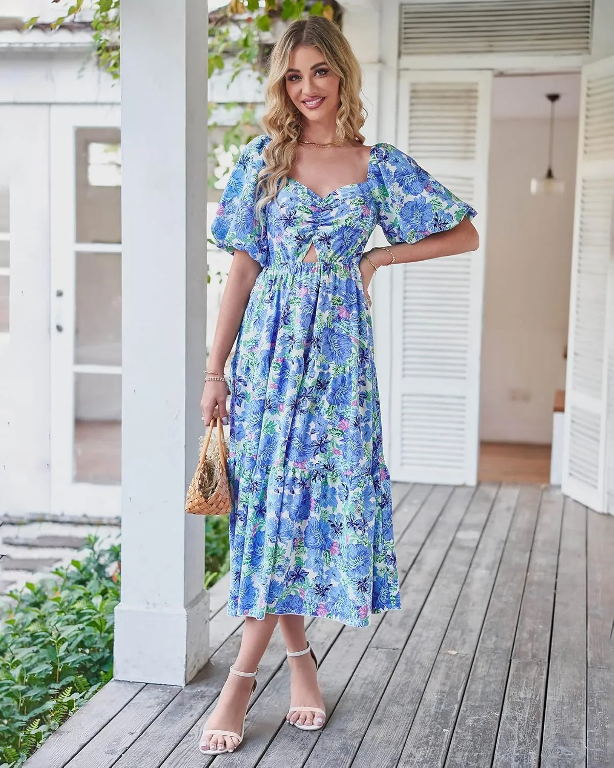 BTFBM Women Summer Dresses 2025 Casual Flowy Beach Square Neck Puff Short Sleeve Smocked Back Boho Floral Long Maxi Dress