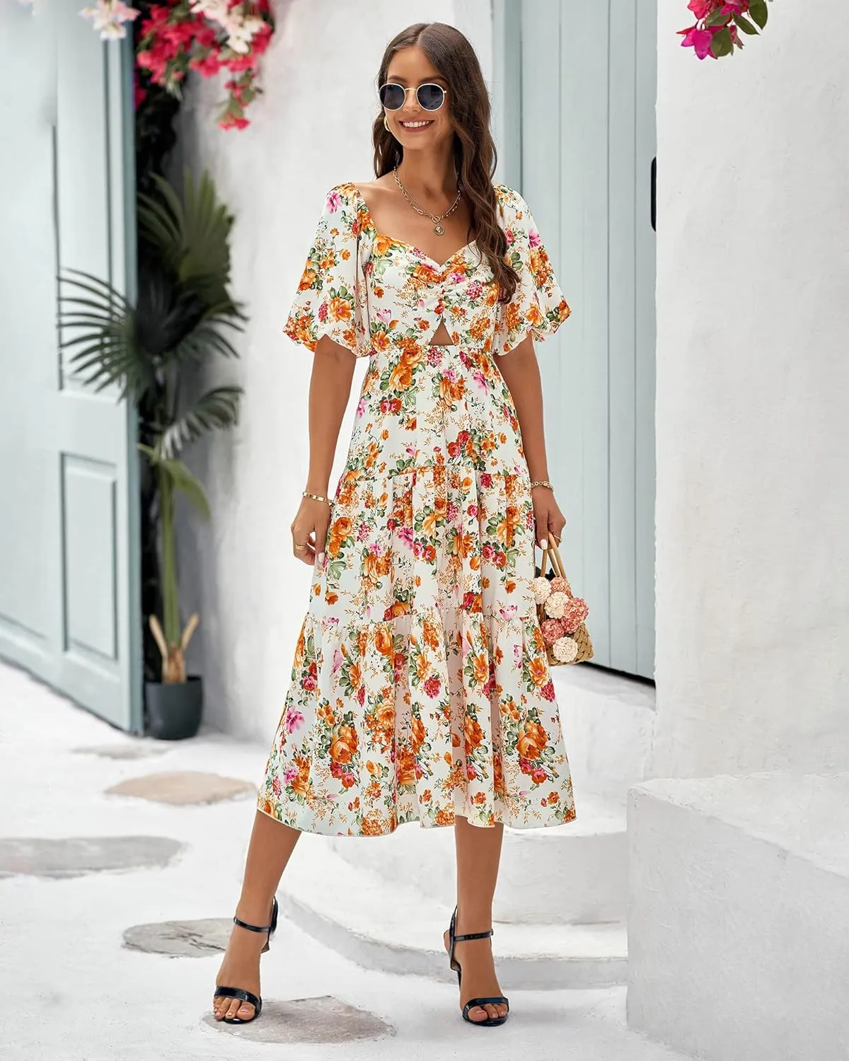BTFBM Women Summer Dresses 2025 Casual Flowy Beach Square Neck Puff Short Sleeve Smocked Back Boho Floral Long Maxi Dress