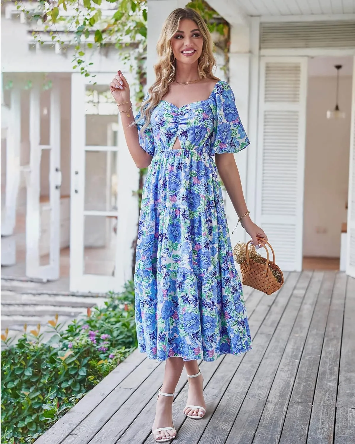 BTFBM Women Summer Dresses 2025 Casual Flowy Beach Square Neck Puff Short Sleeve Smocked Back Boho Floral Long Maxi Dress
