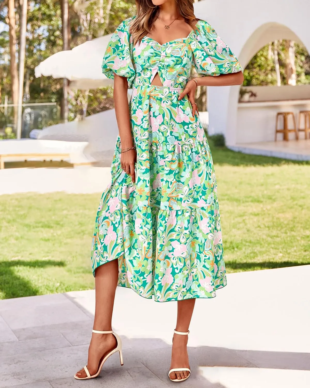 BTFBM Women Summer Dresses 2025 Casual Flowy Beach Square Neck Puff Short Sleeve Smocked Back Boho Floral Long Maxi Dress