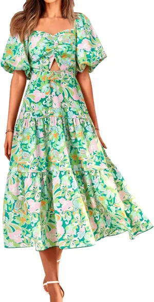BTFBM Women Summer Dresses 2025 Casual Flowy Beach Square Neck Puff Short Sleeve Smocked Back Boho Floral Long Maxi Dress