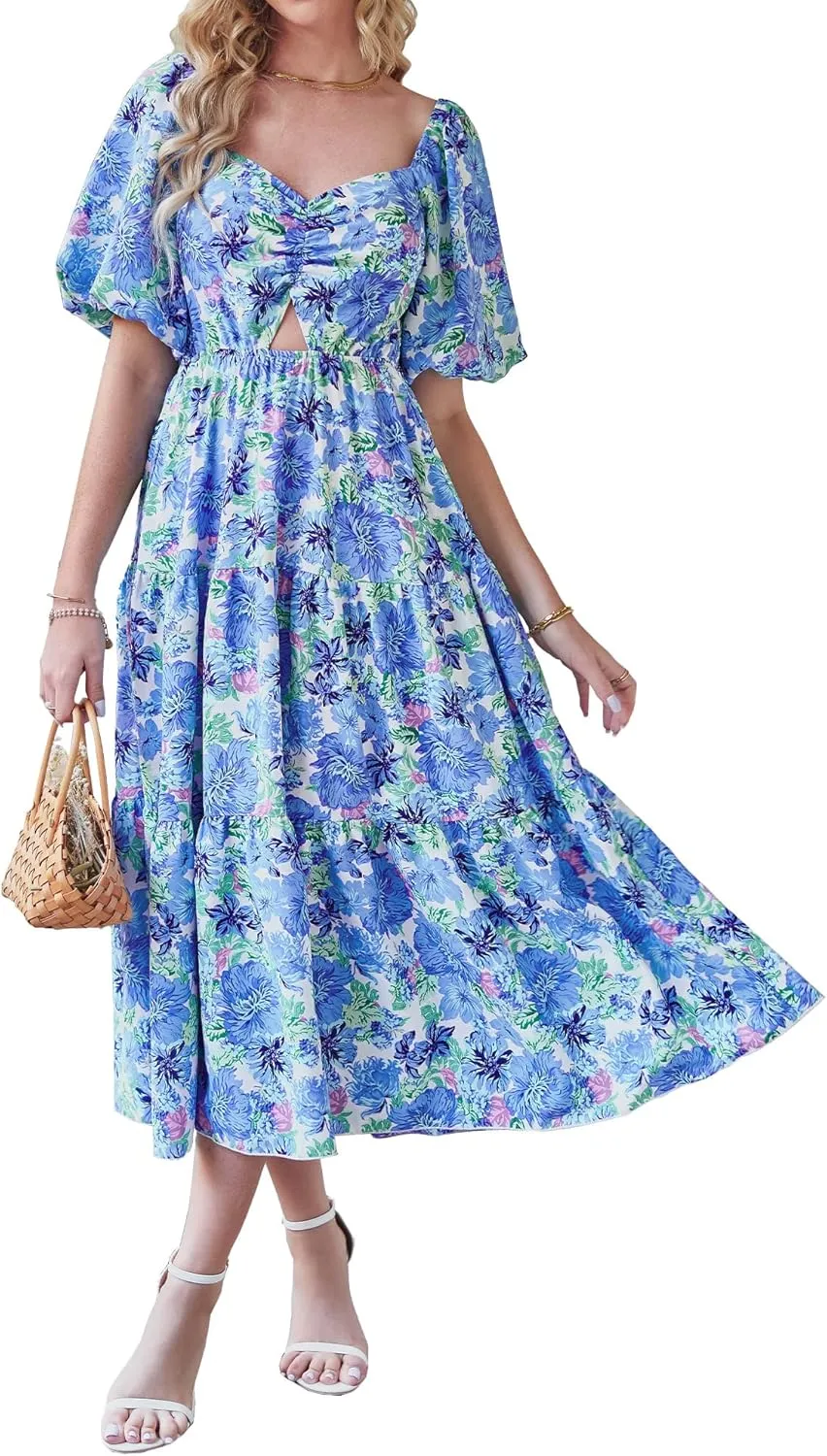 BTFBM Women Summer Dresses 2025 Casual Flowy Beach Square Neck Puff Short Sleeve Smocked Back Boho Floral Long Maxi Dress