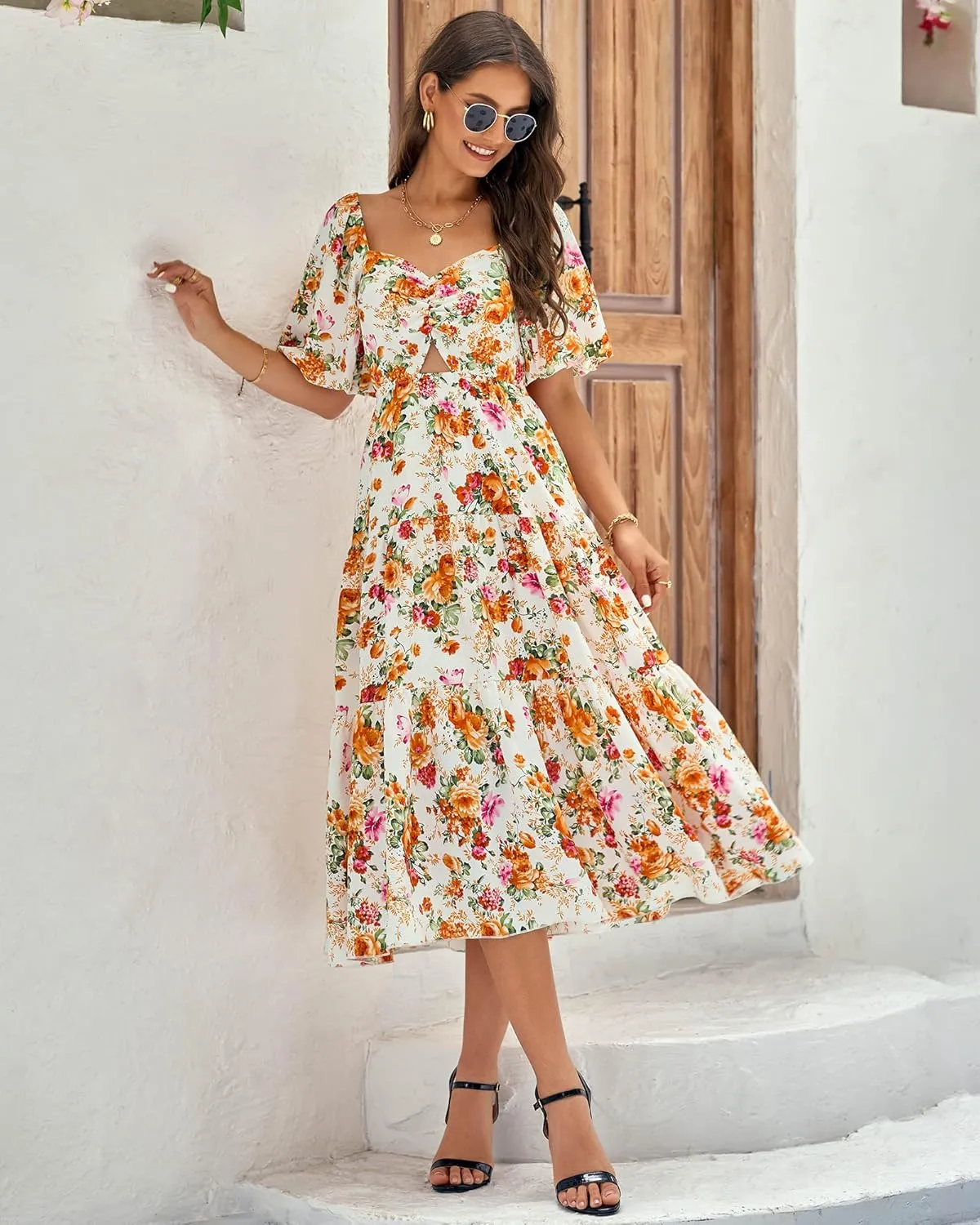BTFBM Women Summer Dresses 2025 Casual Flowy Beach Square Neck Puff Short Sleeve Smocked Back Boho Floral Long Maxi Dress