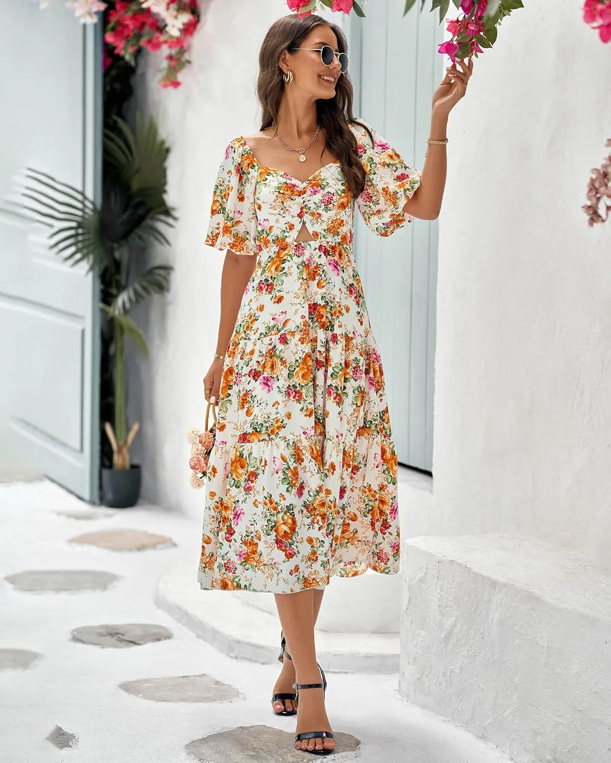 BTFBM Women Summer Dresses 2025 Casual Flowy Beach Square Neck Puff Short Sleeve Smocked Back Boho Floral Long Maxi Dress