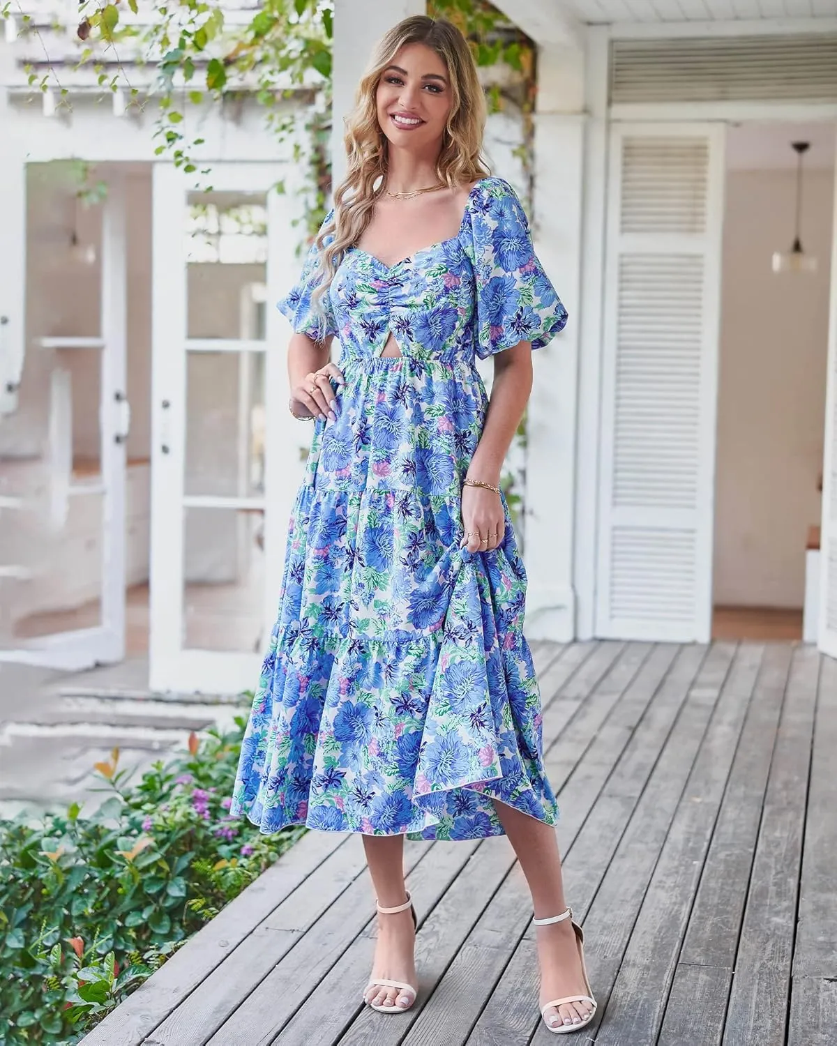 BTFBM Women Summer Dresses 2025 Casual Flowy Beach Square Neck Puff Short Sleeve Smocked Back Boho Floral Long Maxi Dress