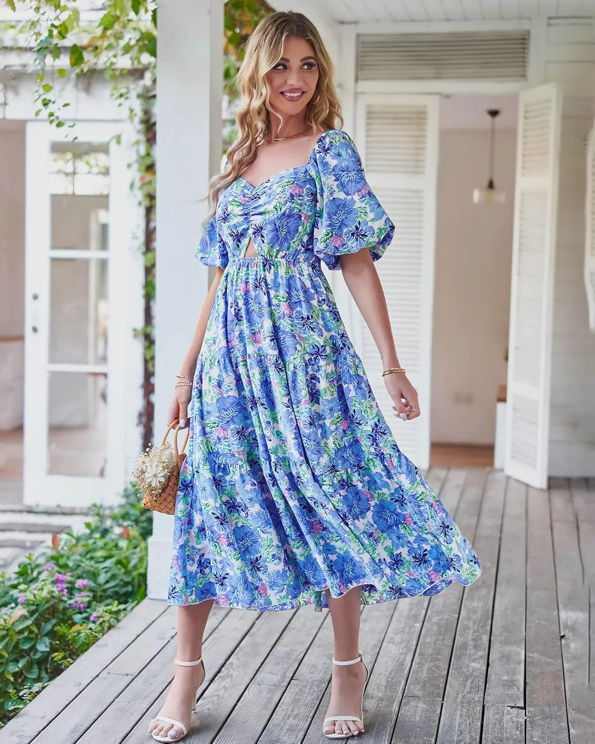 BTFBM Women Summer Dresses 2025 Casual Flowy Beach Square Neck Puff Short Sleeve Smocked Back Boho Floral Long Maxi Dress
