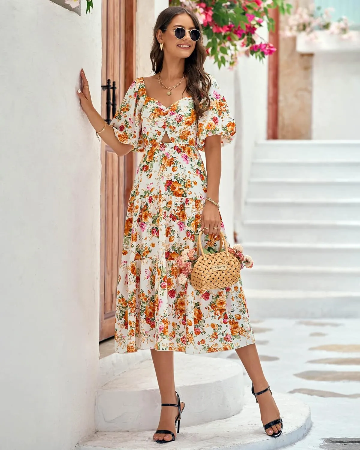 BTFBM Women Summer Dresses 2025 Casual Flowy Beach Square Neck Puff Short Sleeve Smocked Back Boho Floral Long Maxi Dress