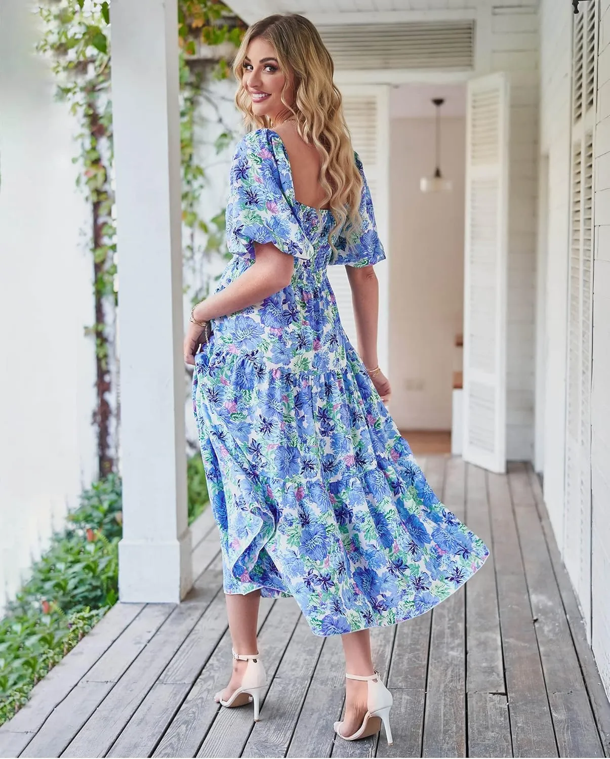 BTFBM Women Summer Dresses 2025 Casual Flowy Beach Square Neck Puff Short Sleeve Smocked Back Boho Floral Long Maxi Dress